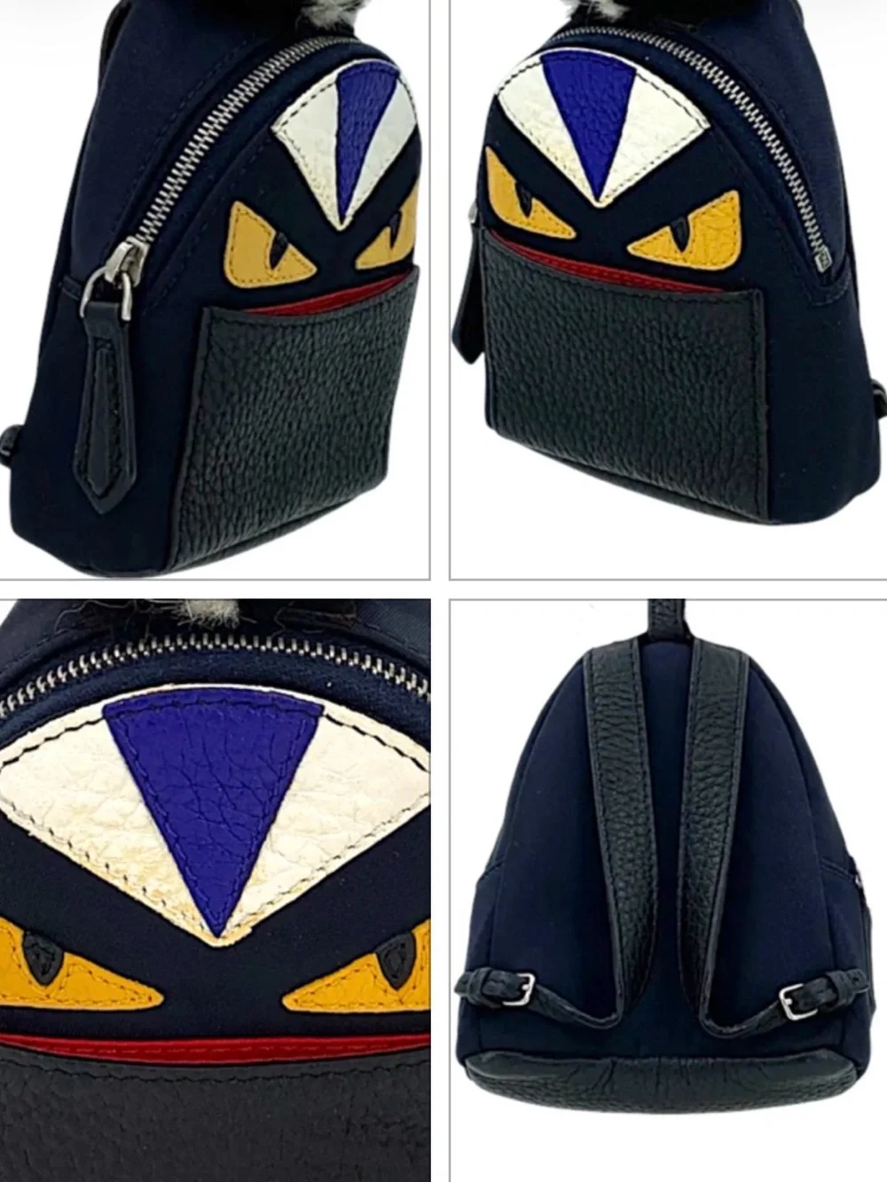 Fendi Monster Mini Backpack Coin Purse with Fur Pom Black & Yellow